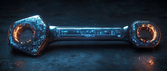Poster - Futuristic Blue Digital Wrench Spanner with Glowing Circuitry and Binary Code for Smart Maintenance and Repair Assistance