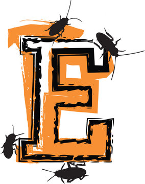Letter E filled with cockroaches and bugs.