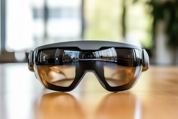 Poster - Innovative augmented reality glasses on a wooden table in a modern workspace