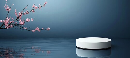 Poster - The 3D rendering depicts a white product display podium with water reflections and blossom flowers set against a blue background.