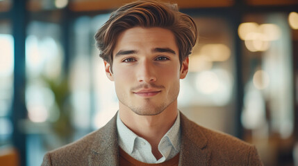 young caucasian male with brown hair in stylish attire smiling indoors