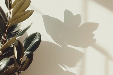 Poster - A minimal summer exotic concept with colorful riskus leaves on a white background, illuminated by the sun and casting shadows. Ample copy space is included