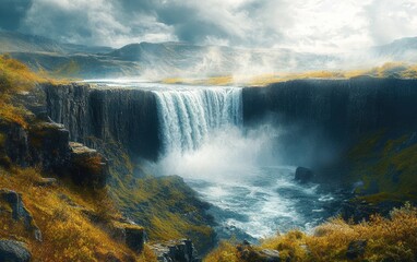 Wall Mural - Majestic Waterfall in Iceland's Dramatic Landscape