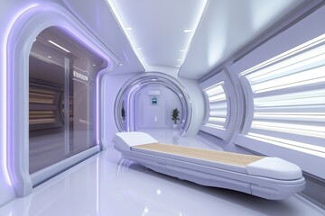 Poster - Futuristic wellness center featuring sleek treatment lounge with ambient lighting