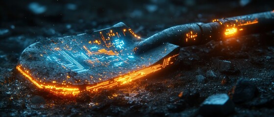 Aufkleber - Futuristic Digital Art of a Shovel with Glowing Circuitry in Cyberpunk Style