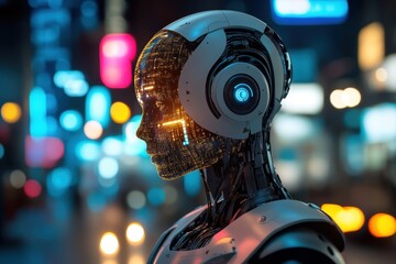 Poster - Futuristic robot head stands in vibrant cityscape illuminated by neon lights at night