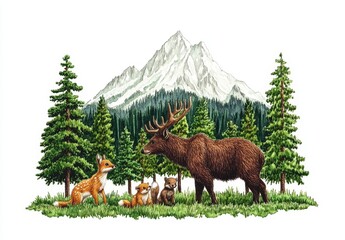 watercolor composition featuring forest animals and natural elements, including deer, fox, bear, a m