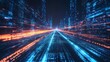 © tono boys - Futuristic digital city highway with glowing data streams.