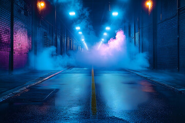 Wall Mural - a dark, empty street with abstract blue asphalt serves as a backdrop for a studio room with neon lig
