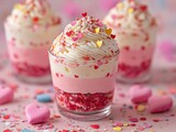 Variedade de sobremesas de morango em tons de rosa e vermelho: bolos, tortas, sorvetes, bolo de pote com chantili. Cena doce e apetitosa