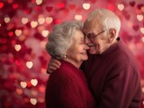 Casal de idosos em um abraço afetuoso, celebrando o Dia dos Namorados juntos. Cena tocante que retrata o amor duradouro e a cumplicidade.