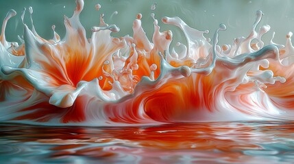 Poster - Vibrant Splash of Water with Orange and White Swirls Creating an Artistic Scene of Movement and Flow against a Calm Surface