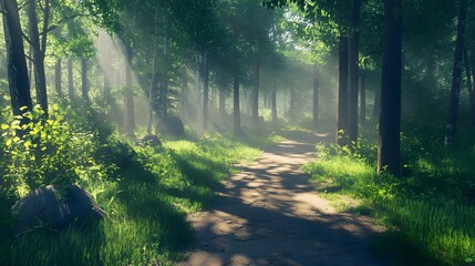 Wall Mural - A peaceful forest pathway bathed in soft morning light, with tall trees casting long shadows and lush green foliage creating a serene atmosphere HD, realistic