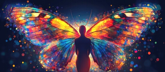 A captivating image of a butterfly like fairy silhouette immersed in a glowing ethereal nightscape filled with shimmering iridescent energy  The scene is awash in a vibrant