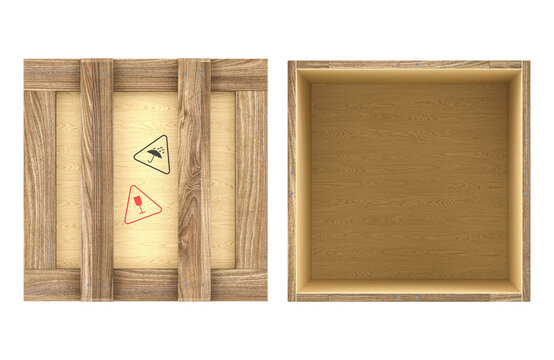Opened and closed wood crates, parcels. Top view. Wooden boxes. 3D rendering isolated on transparent background