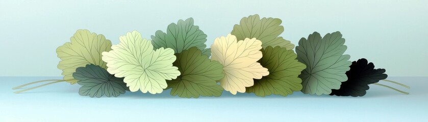 Poster - Colorful botanical leaves arrangement on a pastel background perfect for nature-themed designs, organic patterns, and calming artistic projects