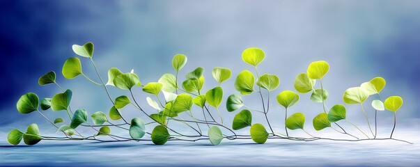 Poster - Lush Green Leaves with Soft Blue Background, Nature Inspired Design Element, Freshness and Serenity in a Minimalist Artistic Arrangement