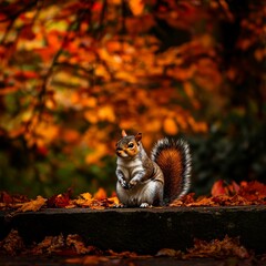 Wall Mural - In a square portrait, a beautiful fluffy red squirrel is seen nestled in an autumn park on an oak tree with radiant golden foliage