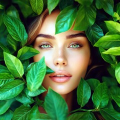 Poster - Close-up Portrait of a Young Woman Surrounded by Lush Green Leaves Emphasizing Natural Beauty and Freshness in Nature