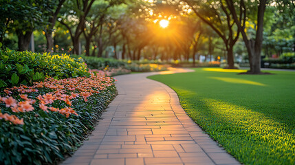 Wall Mural - Sunlit park path winding through lush greenery and flowers.