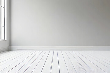 Wall Mural - Minimalist empty room with sunlit white wooden floor and large window