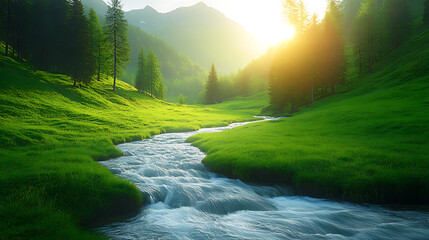 Wall Mural - Serene mountain stream flowing through lush green valley at sunset.