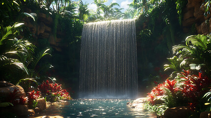 Wall Mural - Lush tropical waterfall cascading into a serene pool surrounded by vibrant foliage.