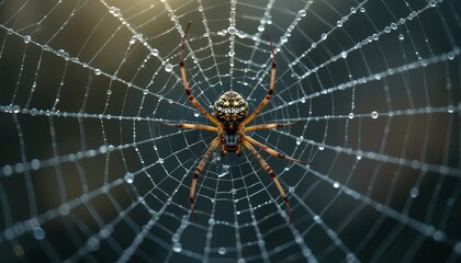 Macro Shot of a Spider on its Web with Dew Drops - 4K High Quality Detailed Image of a Spider in Nature