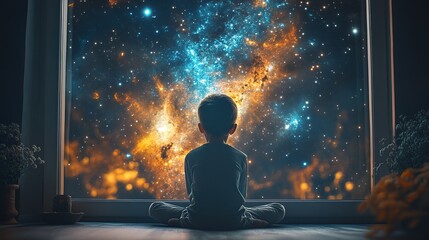 Wall Mural - Child gazing at cosmic wonders home photography indoor rear view imagination and exploration