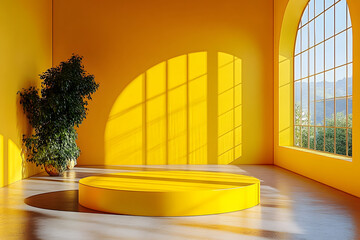 Wall Mural - an empty room with a vibrant yellow pedestal and blank stand serves as backdrop for interior design 