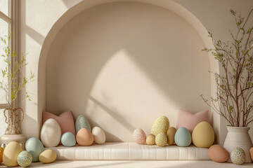 Sticker - Pastel easter eggs display in sunlit cozy nook with cushions and vases