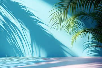 Wall Mural - minimalist concept with palm leaves casting shadows on a blue wall and pastel floor, creating a summ