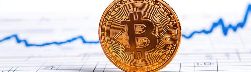 Poster - Bitcoin coin on financial chart with rising trend lines, symbolizing growth