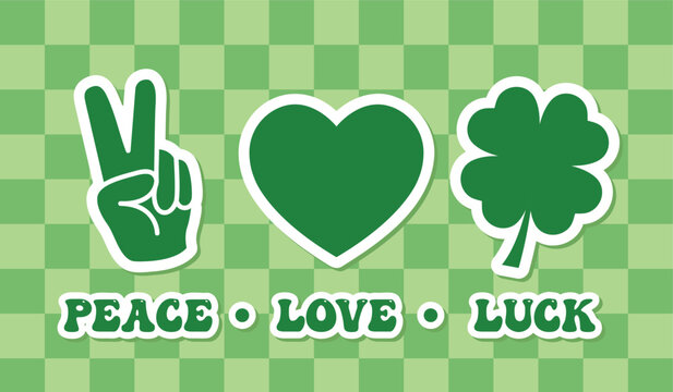 Peace love luck Saying, groovy St Patrick s phrase, hand gesture, heart and clover leaf, vector illustration