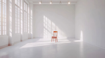 Wall Mural - Minimalist room with red chair in bright sunlit space