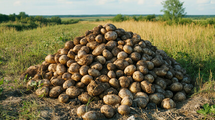 Canvas Print - Freshly harvested potatoes piled on a field with scenic rural background