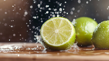 Canvas Print - Fresh lime splash with water droplets on wooden surface