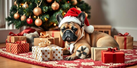 A cute french bulldog in a santa hat sleeping under a lit christmas tree with festive ornaments and presents, presents, cozy, warmth