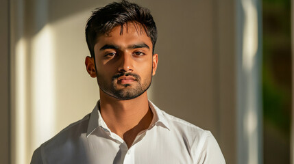 Wall Mural - Young asian male in white shirt posing confidently in sunlit room