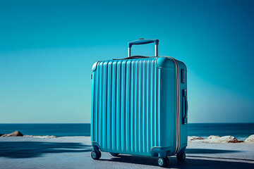 Wall Mural - A wide-angle view captures serene beauty of a sunny day, with a vibrant blue suitcase set against a clear blue background, evoking a sense of minimalism and modernity, creating a perfect mockup for s