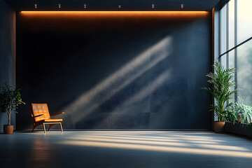 Wall Mural - explore an empty room illuminated by a celestial light filtering through ceiling, with a sleek black