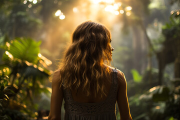 Wall Mural - dense foliage of a rainforest at dawn creates a mystical ambiance with mist lingering in air and first rays of sunlight gently piercing through