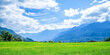 © Caseyjadew - Green meadow under blue sky with mountains and fluffy clouds in the background.