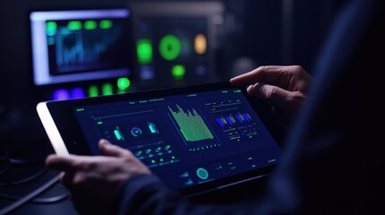 Poster - Close up of hands holding a tablet with audio waveforms and controls, while a computer monitor displays graphs, highlighting music production in a professional studio