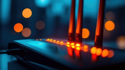 Poster - Illuminated wireless router featuring blinking antennas, casting a soft glow in the dark. Out of focus city lights twinkle in the background, creating an urban nightscape