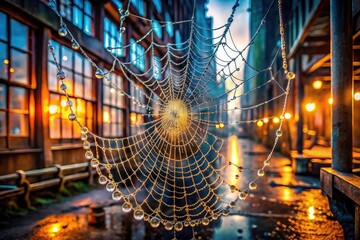 Abandoned building, industrial decay: macro lens captures dew-kissed spiderwebs, urban exploration at its finest.