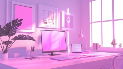 Poster - A bright and modern Zoom room with a gallery wall of digital generative art and pink lighting.