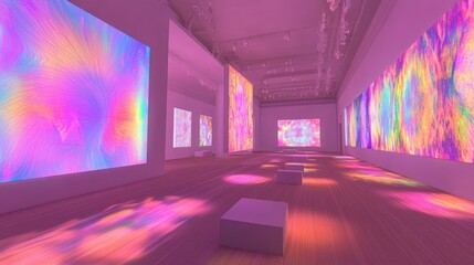 Poster - A bright and modern Zoom room with a gallery wall of digital generative art and pink lighting.