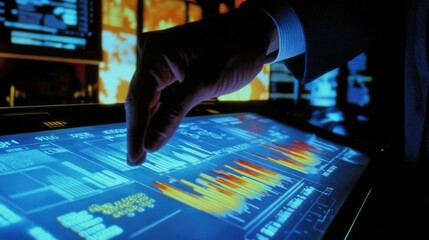 Poster - A businessman's hand creating dynamic upward financial graphs on a glowing blue surface.