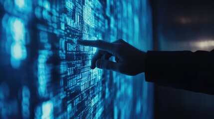 Poster - A businessman's hand illustrating strategic financial data on a high-tech blue digital screen.